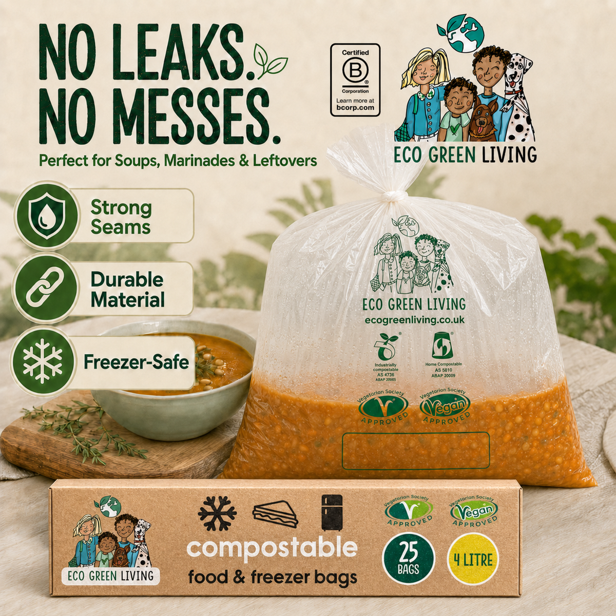 4 Litre Certified Compostable Food & Freezer Bags (25 bags) X 4