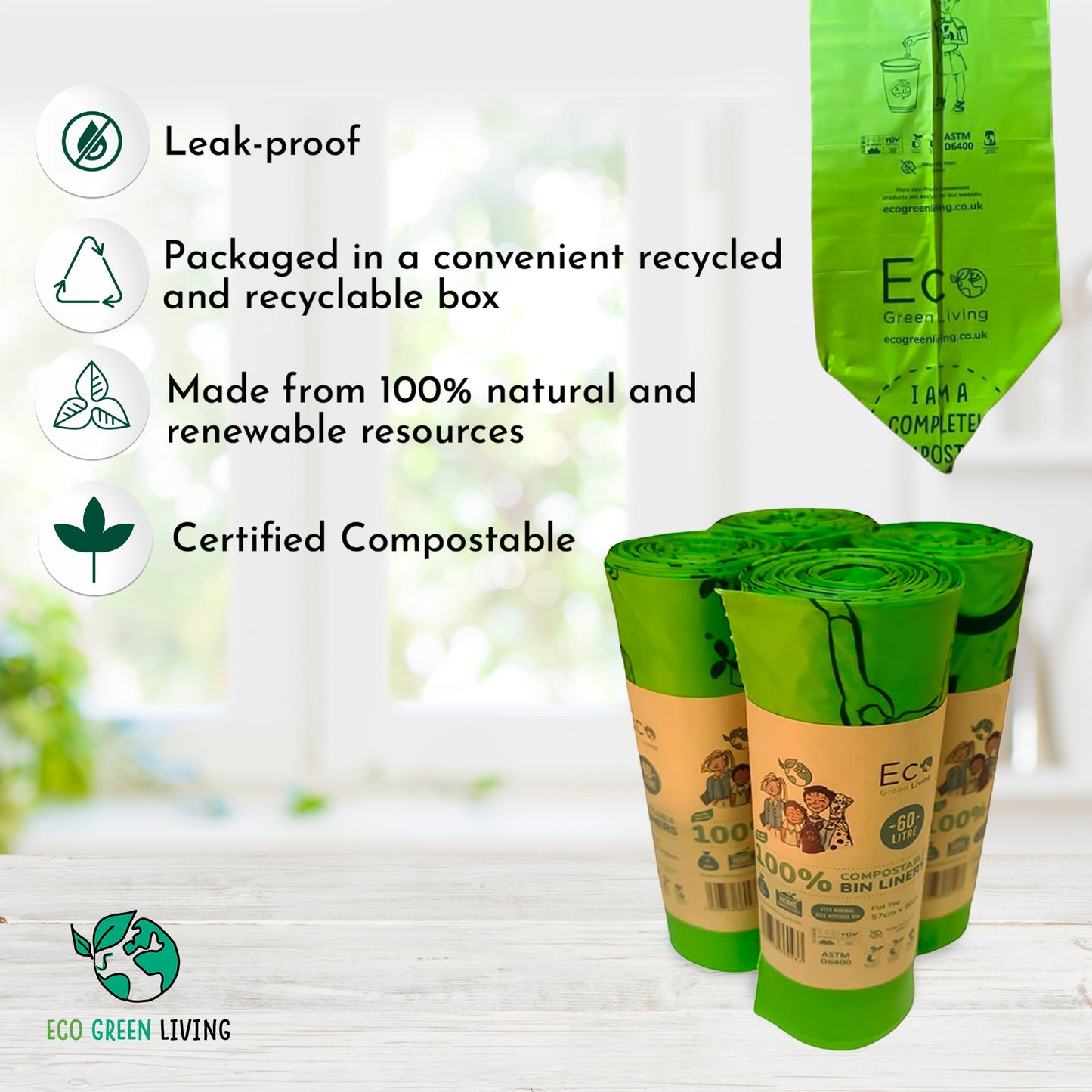 60L Compostable Waste Bags | 1 Roll of 10 Bags | Eco Green Living - Eco Green Living