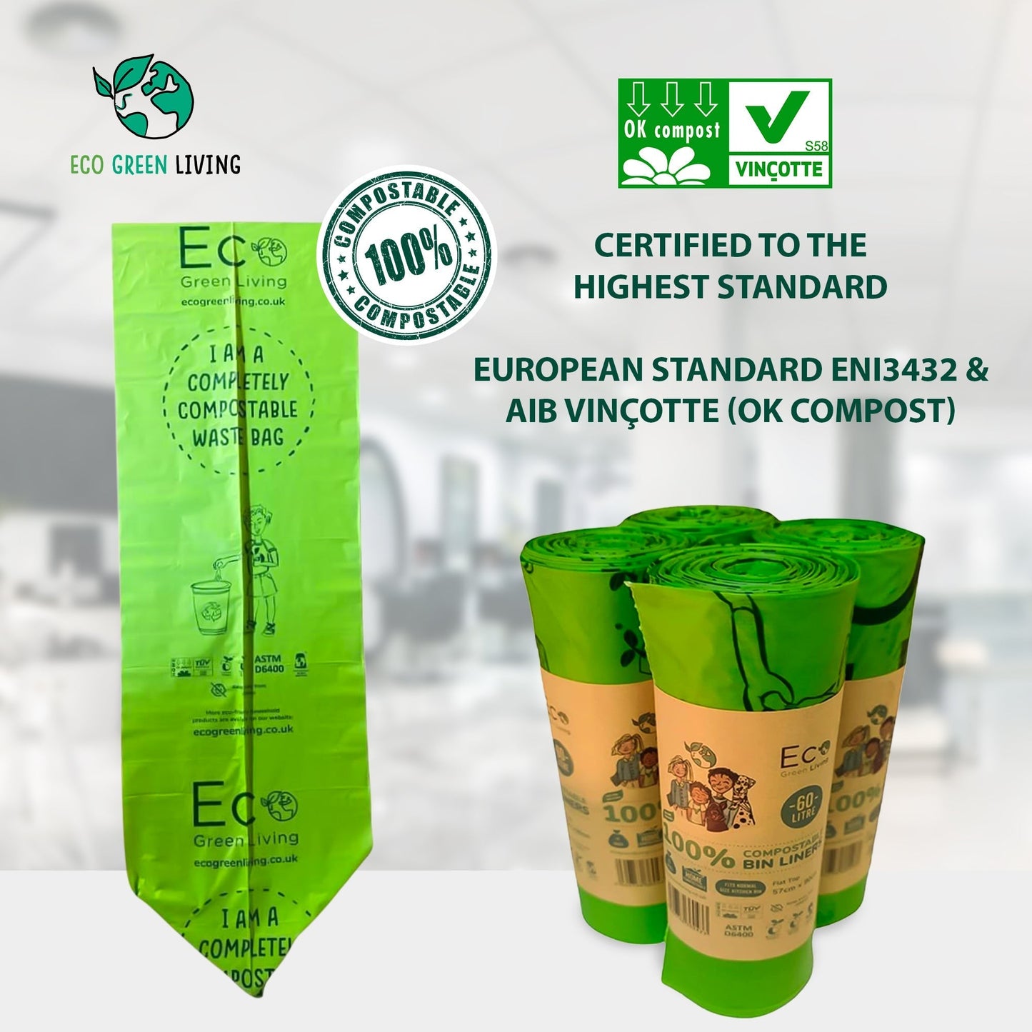 60L Compostable Waste Bags | 2 Rolls of 10 Bags | Eco Green Living - EcoGreenLiving