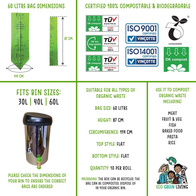 60L Compostable Waste Bags | 2 Rolls of 10 Bags | Eco Green Living - EcoGreenLiving