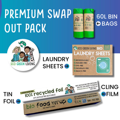 Eco Friendly Premium- Cling film | Foil | Compostable 60L bin bags | Laundry sheets (Subscription Swap out Pack) - Eco Green Living