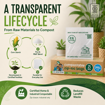 A promotional graphic for a 25-pack of small size compostable zip loc bags. The image features a white bag with a green circular logo, a cardboard box labeled 'ecom green living compostable zip loc bags 25 pack', and a 'B Corp Certified' logo.