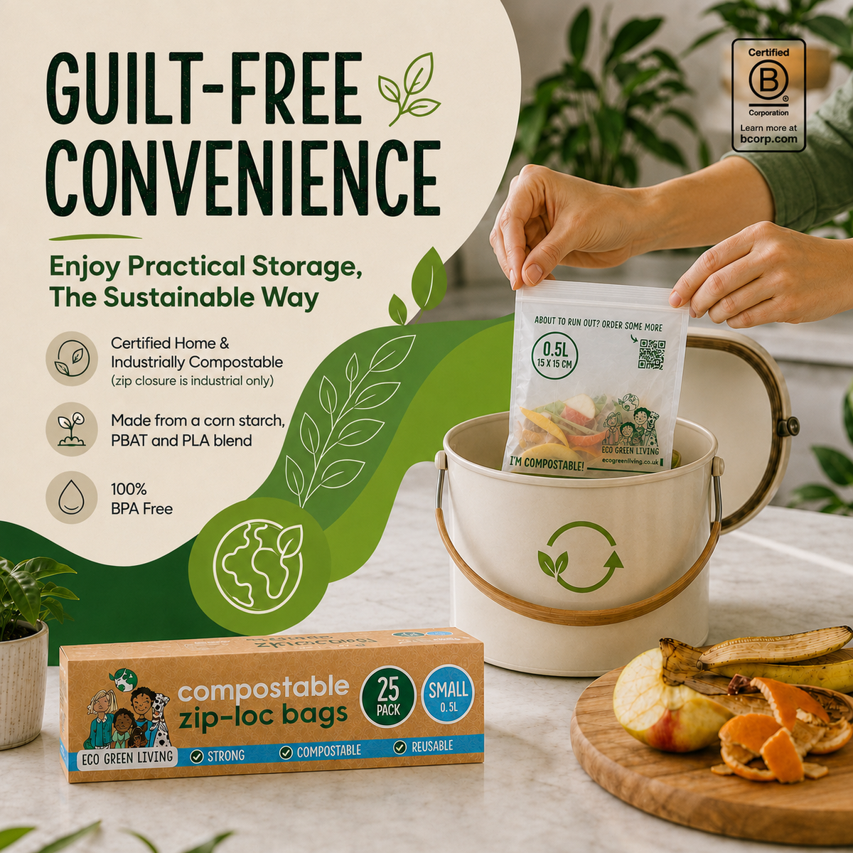 A person inserts a compostable zip-lock bag into a white compost bin on a kitchen counter, with banana peels and sliced fruit on a wooden board nearby. The product box and a branded compostable bag are shown in front, with large marketing text reading 'Guilt-Free Convenience' and feature callouts about compostability and BPA-free design.