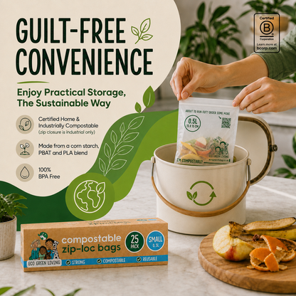 A person inserts a compostable zip-lock bag into a white compost bin on a kitchen counter, with banana peels and sliced fruit on a wooden board nearby. The product box and a branded compostable bag are shown in front, with large marketing text reading 'Guilt-Free Convenience' and feature callouts about compostability and BPA-free design.