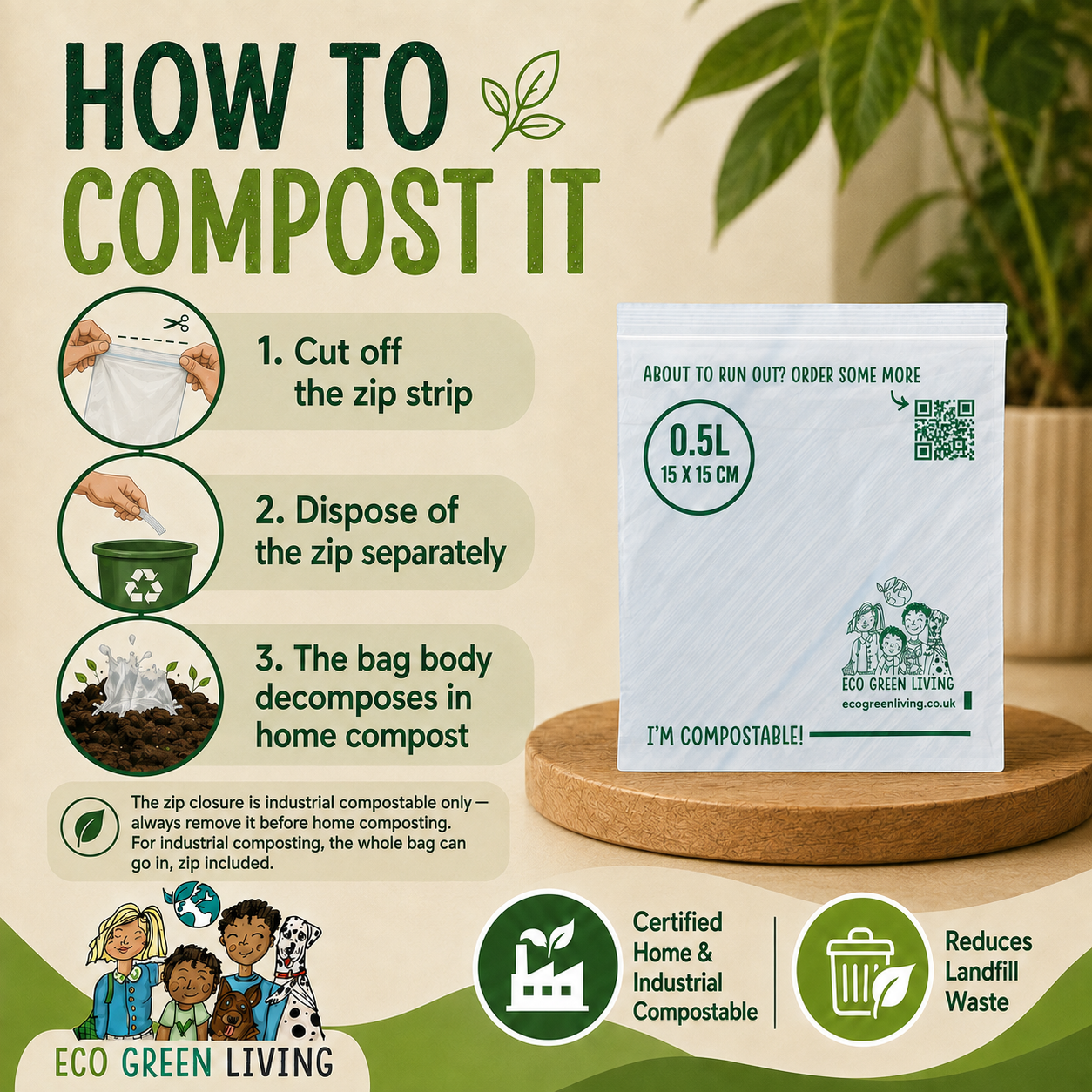 An informational product graphic for an Eco Green Living compostable bag, showing a 0.5L zip closure bag on a wooden coaster alongside step-by-step composting instructions and certification icons.