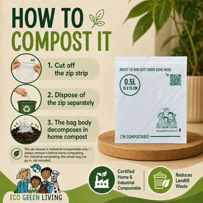 An informational product graphic for an Eco Green Living compostable bag, showing a 0.5L zip closure bag on a wooden coaster alongside step-by-step composting instructions and certification icons.