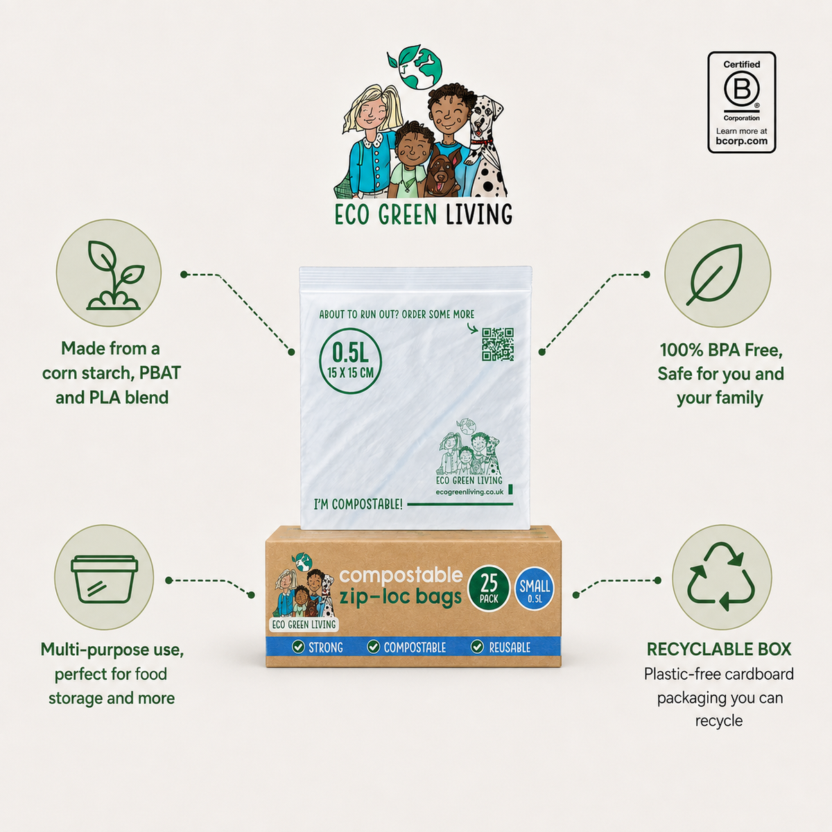 A compostable zip-lock bag package displayed on top of a cardboard box, surrounded by marketing callouts and icons on a light beige background. The central product package is white with green and blue text, and the cardboard box below is brown with matching branding.