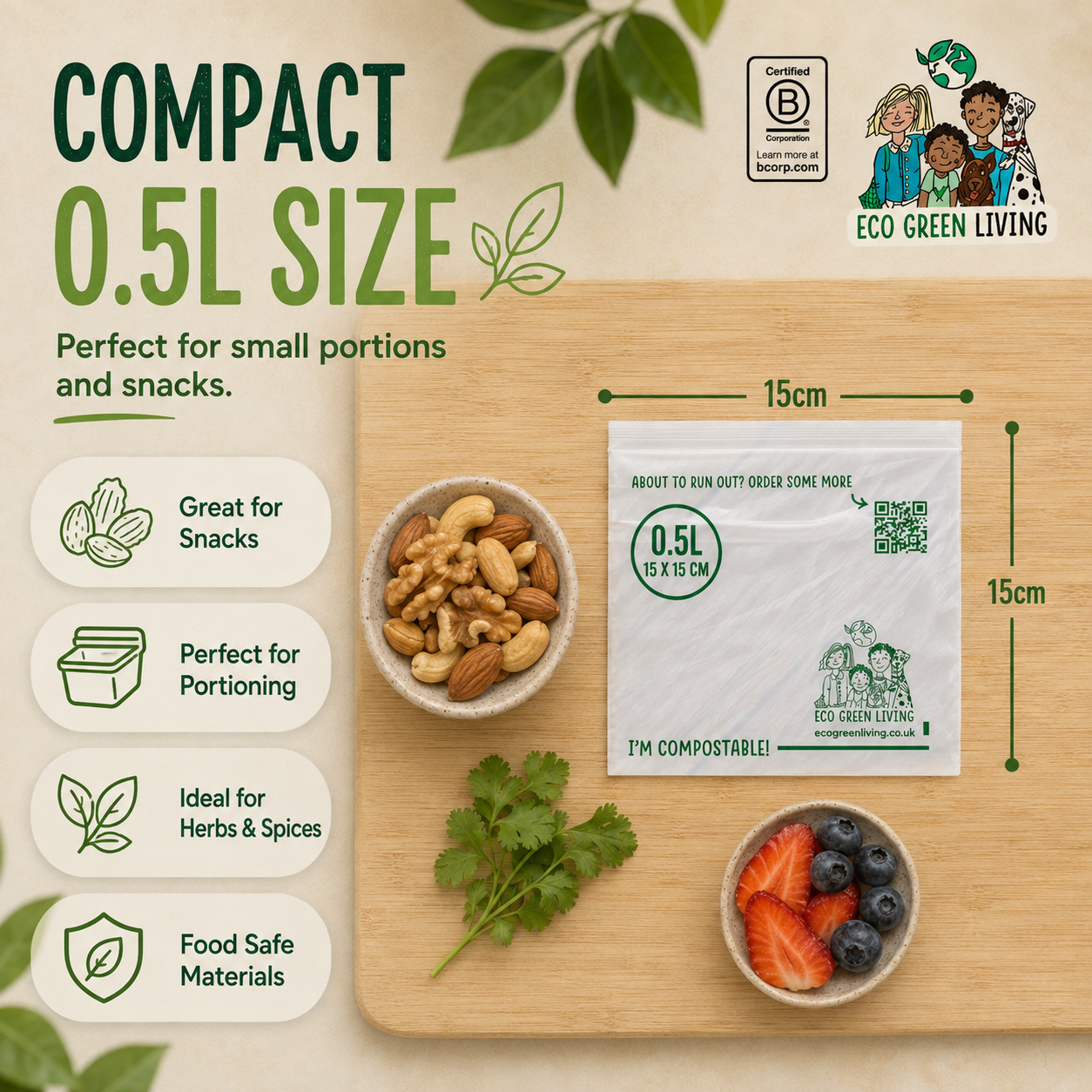 An informational product graphic for a compact 0.5L compostable bag.
