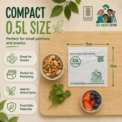 An informational product graphic for a compact 0.5L compostable bag.