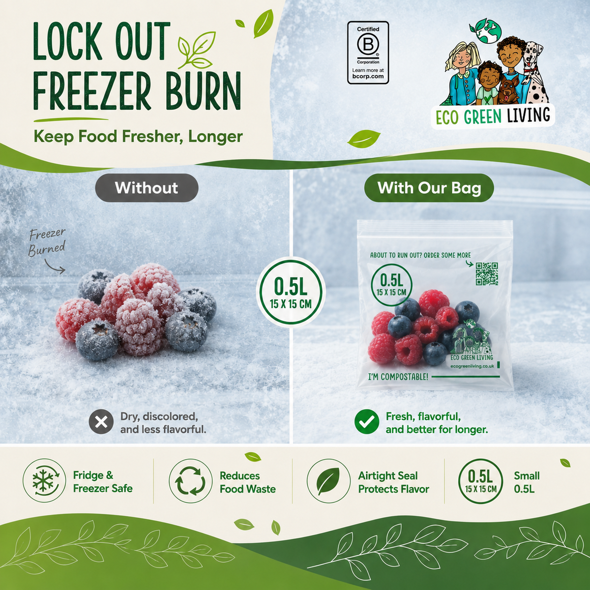 A promotional comparison graphic for Eco Green Living freezer burn prevention. The left side shows frozen berries with freezer burn under the label 'Without'; the right side shows the same berries sealed in a clear bag with printed branding and a QR code under the label 'With Our Bag'.
