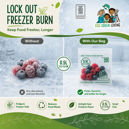 A promotional comparison graphic for Eco Green Living freezer burn prevention. The left side shows frozen berries with freezer burn under the label 'Without'; the right side shows the same berries sealed in a clear bag with printed branding and a QR code under the label 'With Our Bag'.