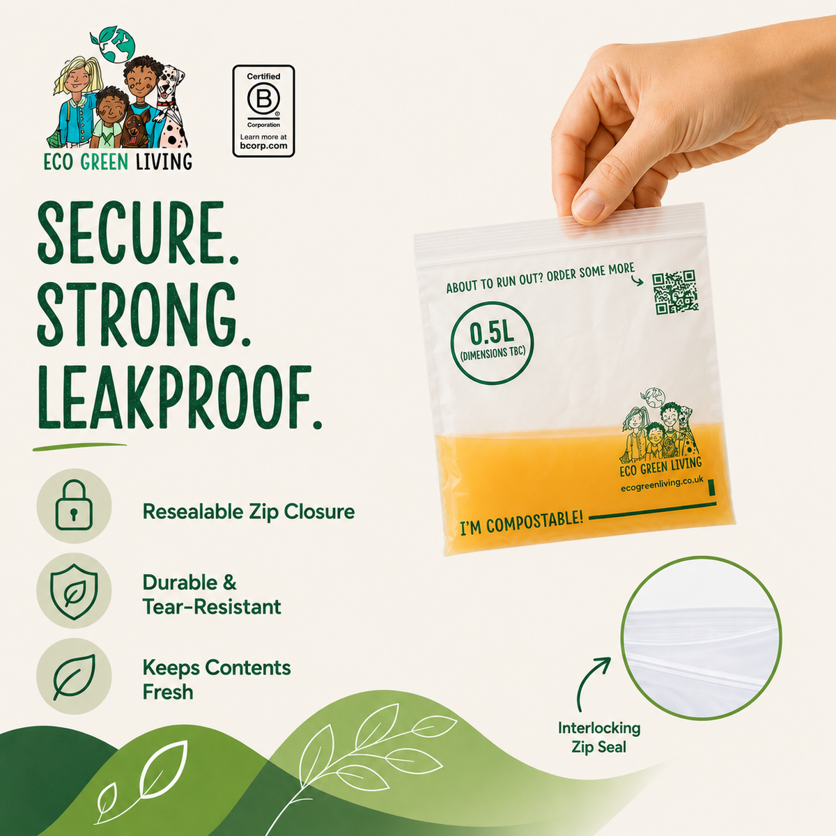 A hand holds a small resealable pouch of compostable menstrual pads against a light beige background with marketing text and feature icons. The pouch is mostly white with a yellow-orange lower section and printed branding for Eco Green Living.