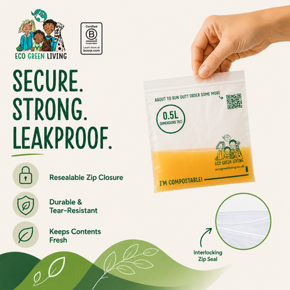 A hand holds a small resealable pouch of compostable menstrual pads against a light beige background with marketing text and feature icons. The pouch is mostly white with a yellow-orange lower section and printed branding for Eco Green Living.