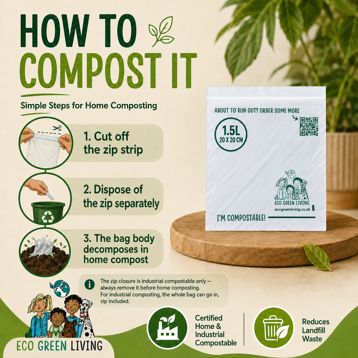 An informational graphic titled 'HOW TO COMPOST IT' with step-by-step instructions for using a compost bag. The right side shows a white compost bag with a printed label and eco-friendly branding on a wooden surface, with a blurred indoor plant background.