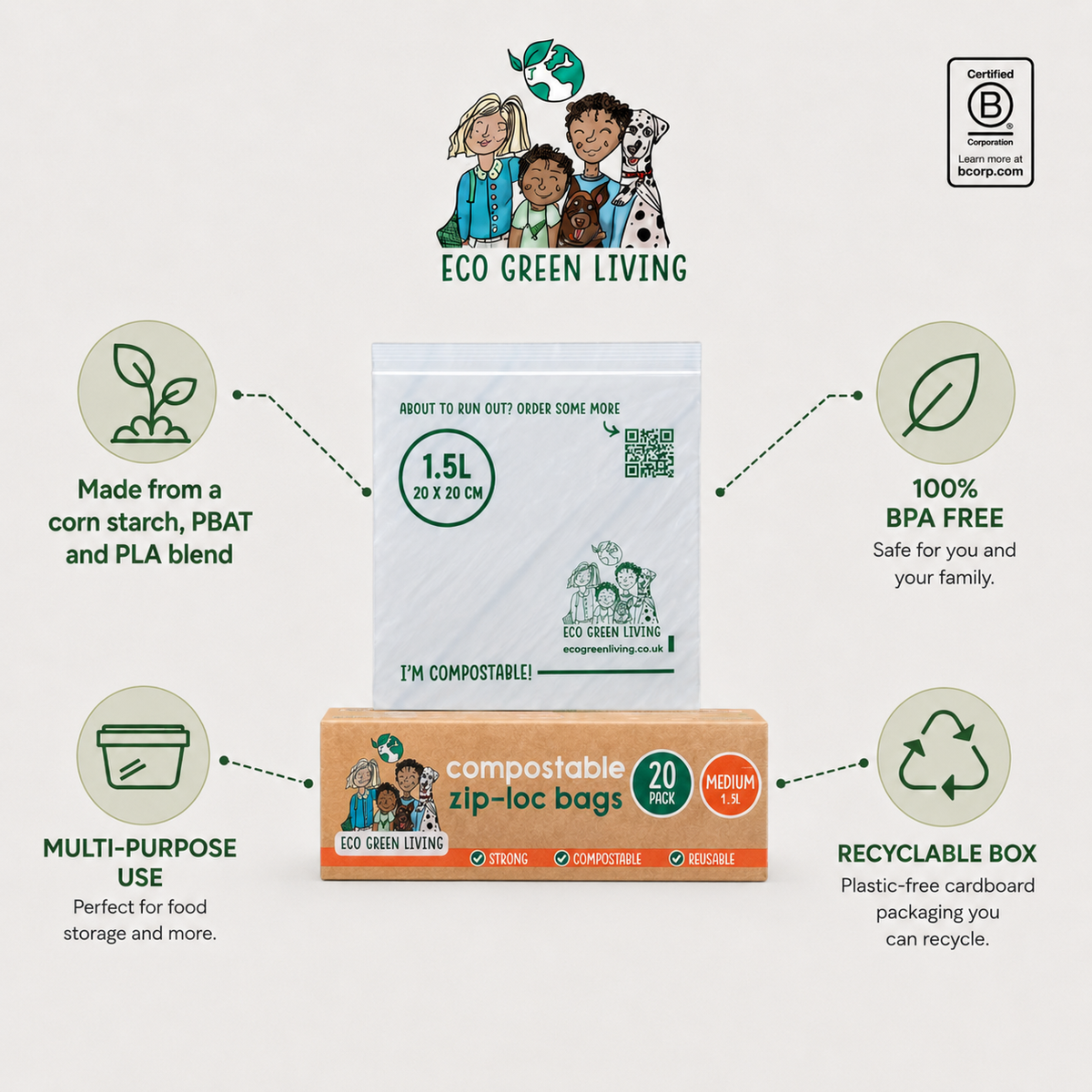 Eco Green Living compostable zip-lock bags shown with an informational infographic on a light beige background. The main product display includes a white bag package labeled 1.