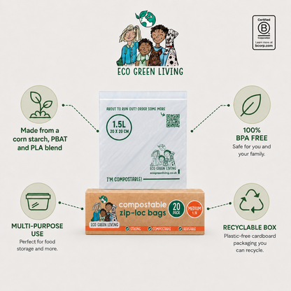 Eco Green Living compostable zip-lock bags shown with an informational infographic on a light beige background. The main product display includes a white bag package labeled 1.