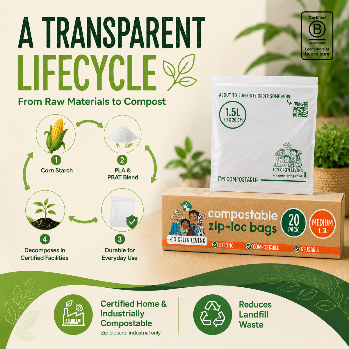 Promotional graphic for compostable zip-lock bags showing a white bag package labeled 'I'M COMPOSTABLE!' and a brown box labeled 'compostable zip-loc bags 20 PACK' on a beige background with green decorative elements and recycling/compost icons.