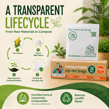 Promotional graphic for compostable zip-lock bags showing a white bag package labeled 'I'M COMPOSTABLE!' and a brown box labeled 'compostable zip-loc bags 20 PACK' on a beige background with green decorative elements and recycling/compost icons.