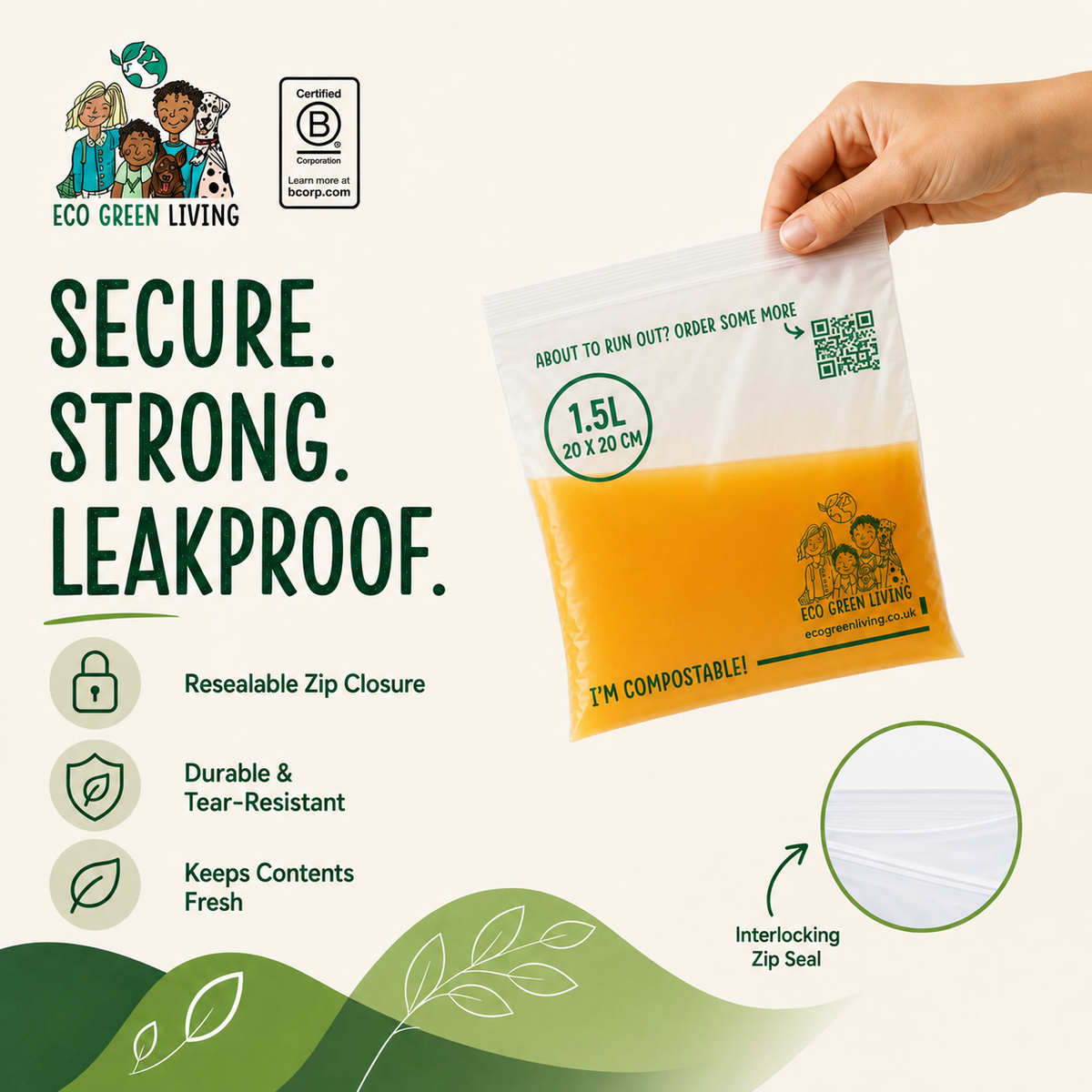 A hand holds a 1.5L compostable leakproof bag with a clear resealable zipper, containing orange liquid, against a light beige background with product features and branding.