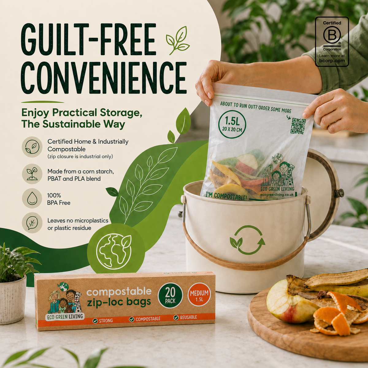 A person holds a clear plastic compostable bag above a white compost bin, with promotional text on the left and a box of Eco Green Leaving compostable zip-lock bags on a countertop. A cutting board with apple peels appears on the right.