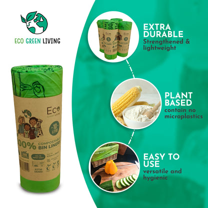 10L Compostable Waste Bags | 4 Rolls of 18 Bags | Eco Green Living