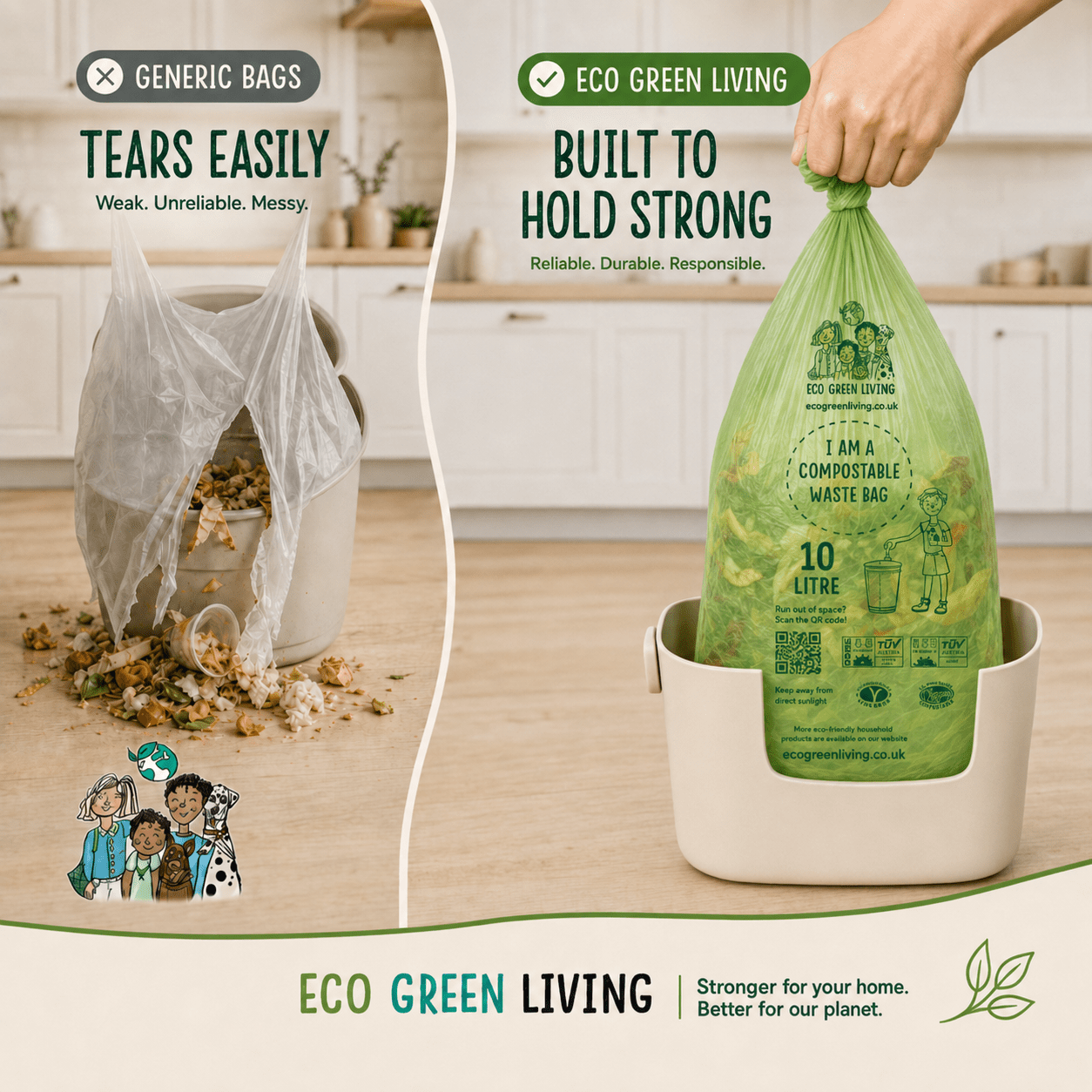 10L Compostable Waste Bags | 1 Roll of 18 Bags | Eco Green Living - EcoGreenLiving