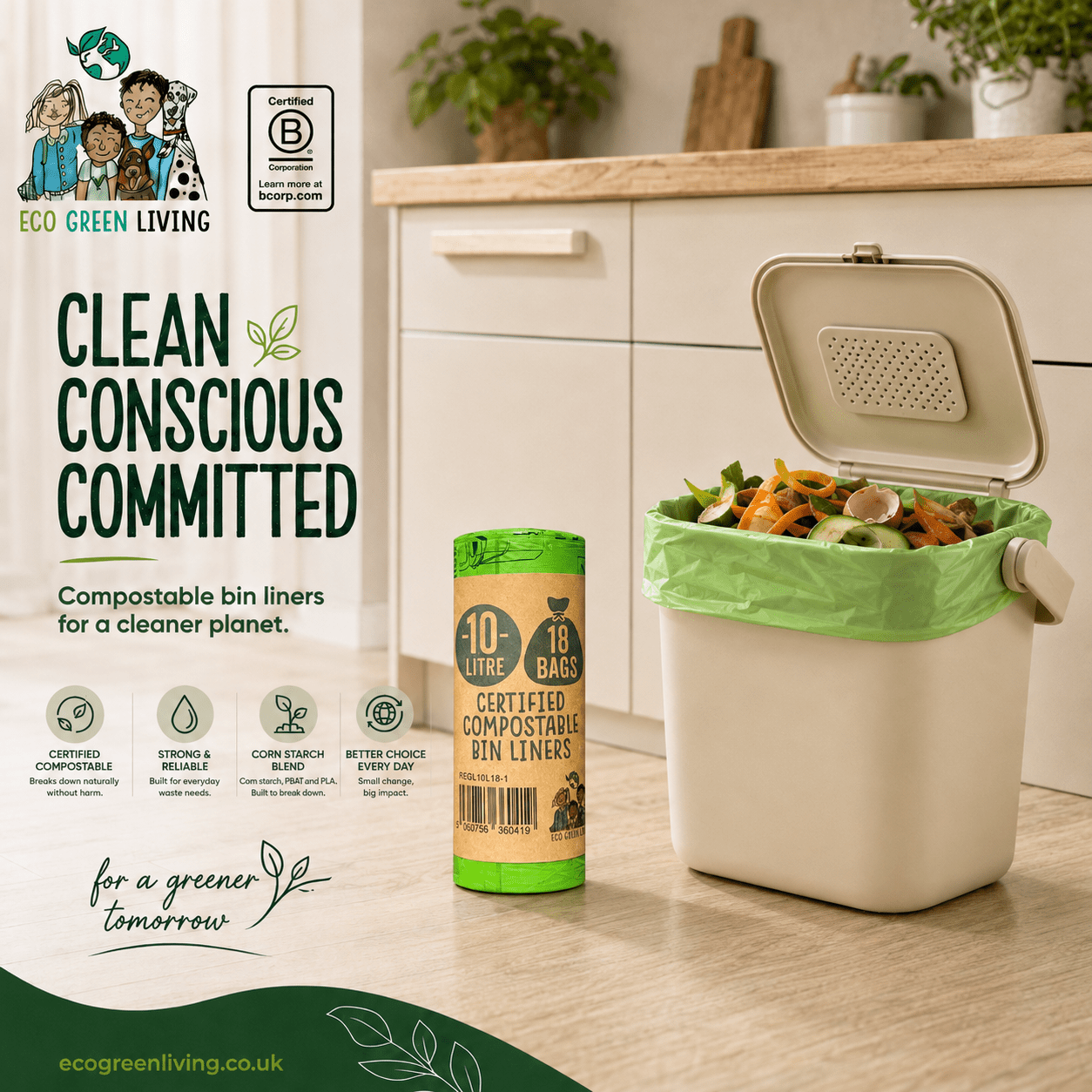 10L Compostable Waste Bags | 1 Roll of 18 Bags | Eco Green Living - EcoGreenLiving