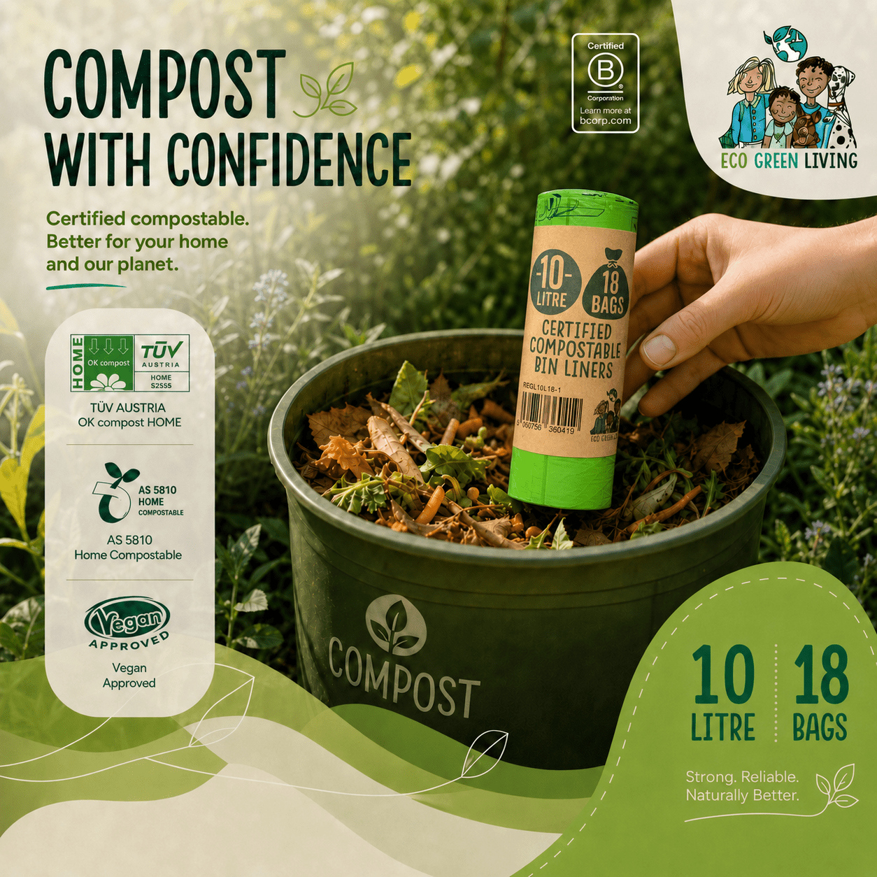 10L Compostable Waste Bags | 1 Roll of 18 Bags | Eco Green Living - EcoGreenLiving