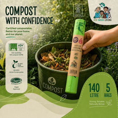 A hand holds a rolled green compost bag next to a black compost bin filled with kitchen scraps in an outdoor garden setting. The image features promotional text, certification logos, and a green badge for Eco Green Living.