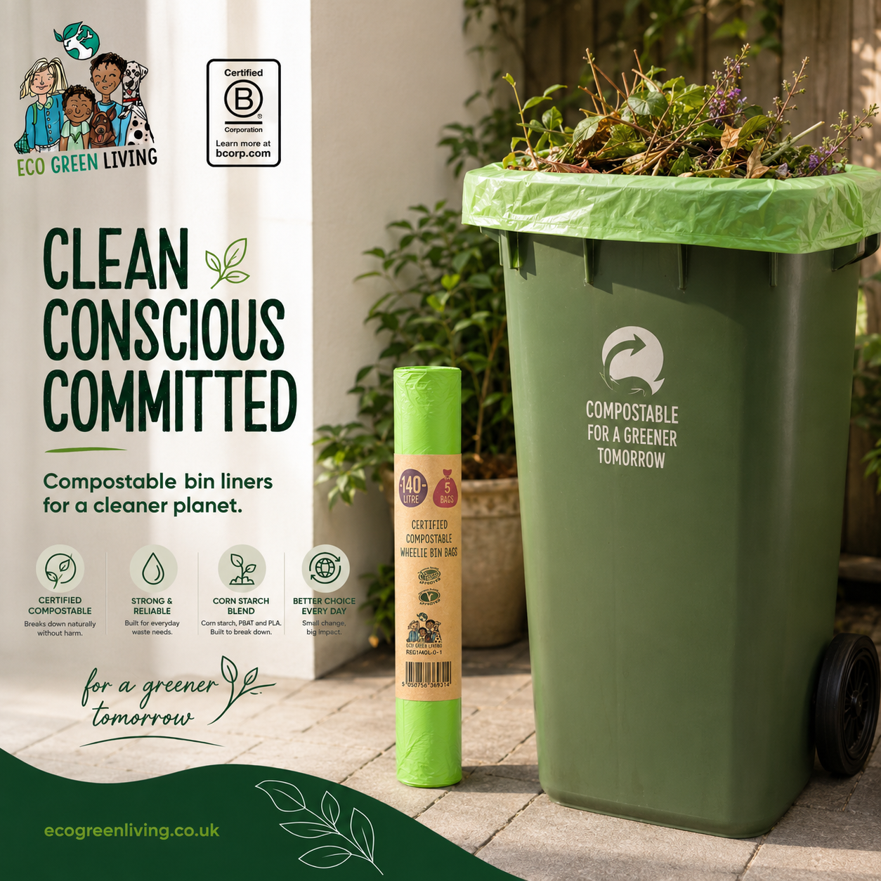 A compostable green trash bin with a green liner and visible plant waste, shown alongside a rolled compostable liner and a branded Eco Green Living promotional panel on a patio background.