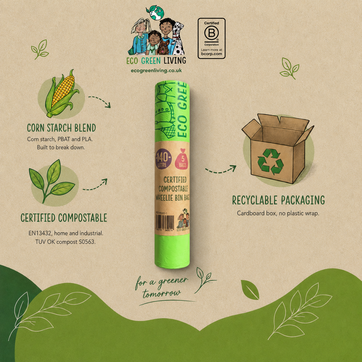 A green and white tube of ECO GREEN LIVING compostable needle bin bag is centered on a kraft paper background with environmental callouts including corn starch blend, certified compostable, recyclable packaging, and a B-compost rating mark.