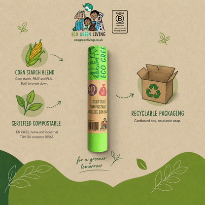 A green and white tube of ECO GREEN LIVING compostable needle bin bag is centered on a kraft paper background with environmental callouts including corn starch blend, certified compostable, recyclable packaging, and a B-compost rating mark.