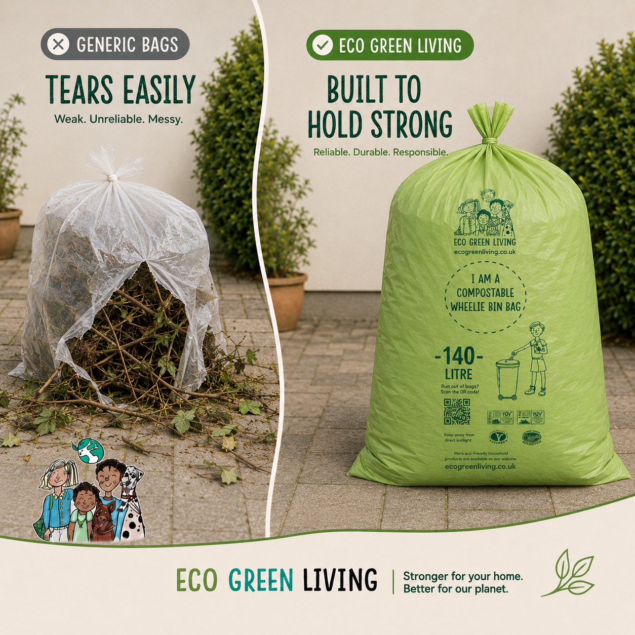 A split comparison graphic showing two green wheelie bags outdoors. The left bag is labeled 'Generic Bags' and is shown leaking with branches and trash spilling out.