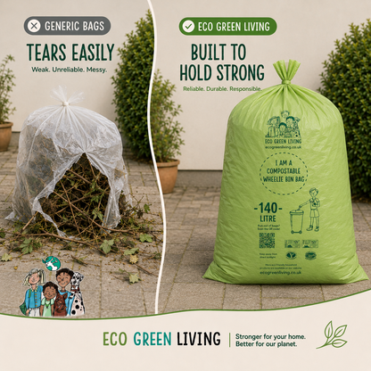 A split comparison graphic showing two green wheelie bags outdoors. The left bag is labeled 'Generic Bags' and is shown leaking with branches and trash spilling out.