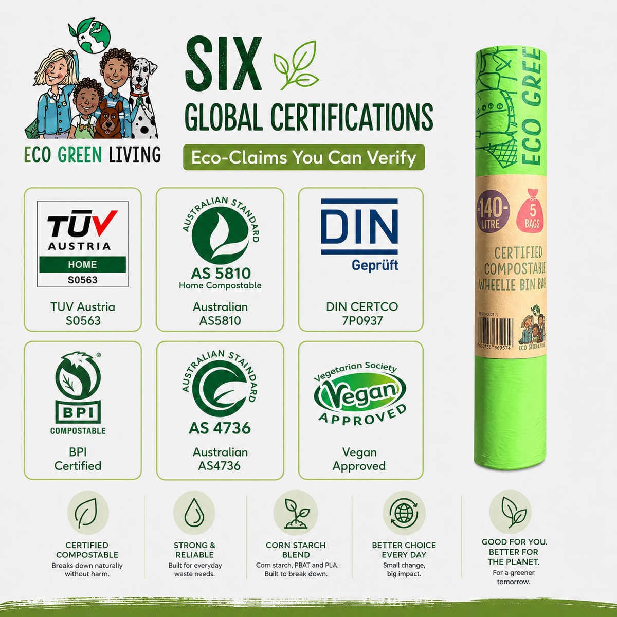 A promotional infographic for Eco Green Living compostable bin bags, featuring a single green bag on the right, six certification logos (TUV Austria, AS 5810, DIN CERTCO, BPI, Vegan Society, Australian Standards), and six benefit callouts on a white background.