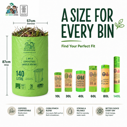 A promotional product graphic for an ECO GREEN LEAVING compostable wheelie bin bag. The main product shown is a bright green 140L bag filled with brown shredded material, with dimensions labeled as 57cm diameter and 87cm deep.