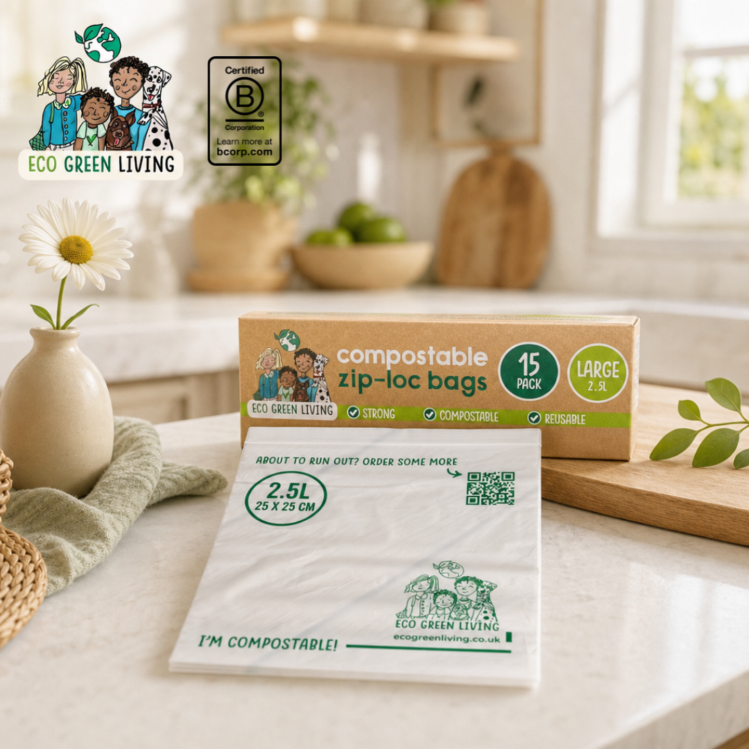 A pack of ECO GREEN LIVING compostable zip-loc bags displayed on a kitchen counter with a vase of daisies and a wooden cutting board in the background. The packaging is brown kraft paper with green and white text, and a single white compostable bag is shown in front.