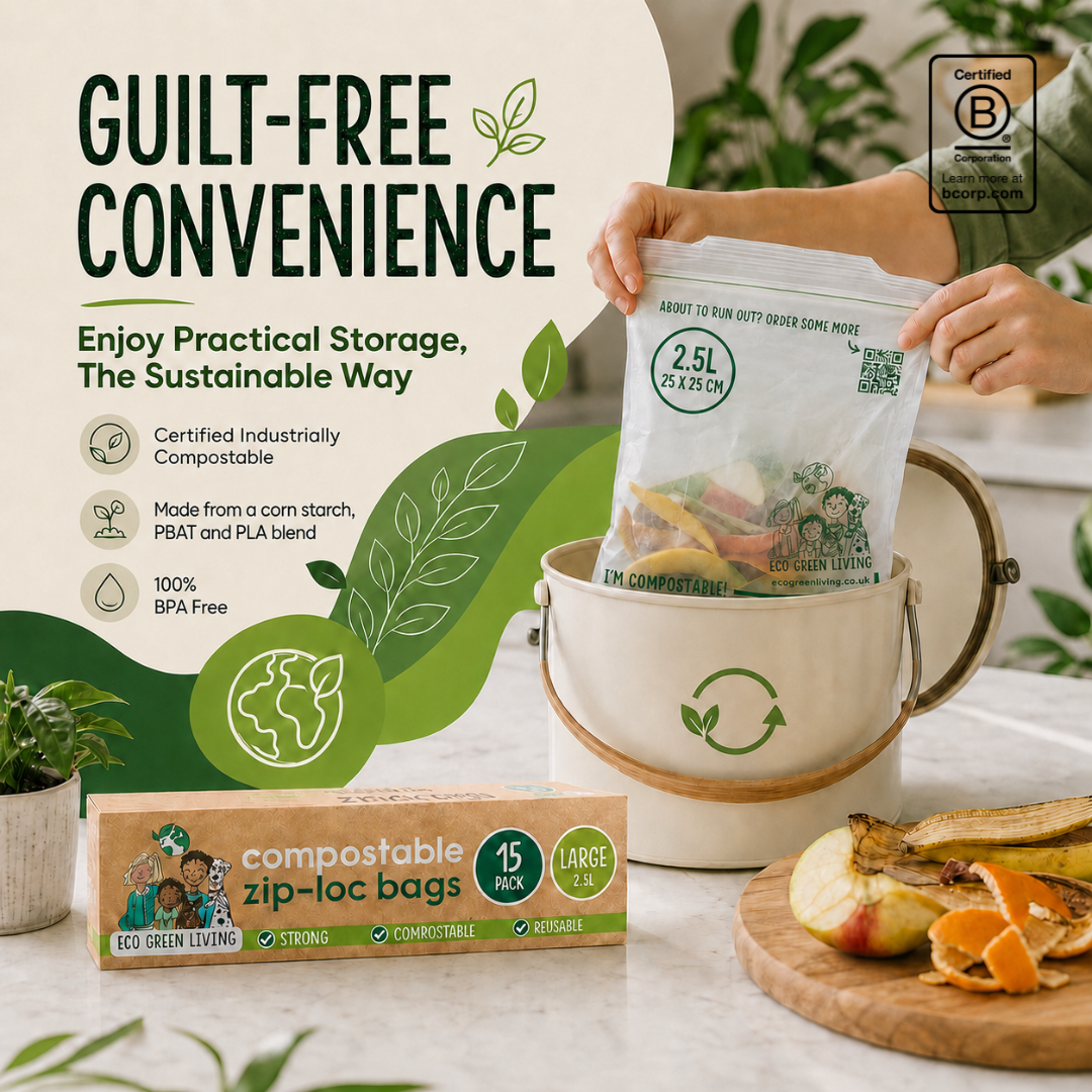 A person holds a 2.5L compostable zip bag over a white bucket, with a box of Eco Green Living compostable zip bags in the foreground and promotional text on the left.