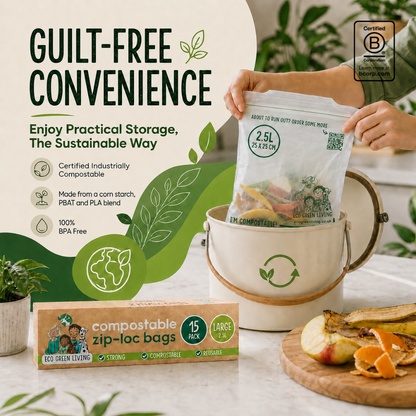 A person holds a 2.5L compostable zip bag over a white bucket, with a box of Eco Green Living compostable zip bags in the foreground and promotional text on the left.