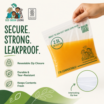 A hand holds a clear 2.5L compostable leakproof bag filled with orange-yellow liquid against a light cream background.
