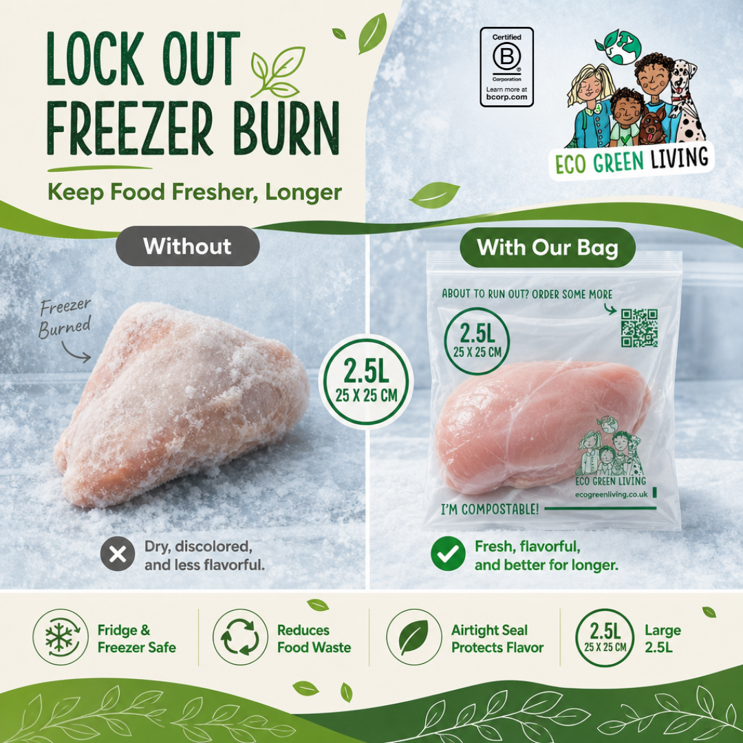 Promotional graphic for Eco Green Living Lock Out Freezer Burn, showing a frozen chicken breast labeled 'Freezer Burnt' on the left and a fresh, unburnt chicken breast inside a 2.5L compostable bag on the right.