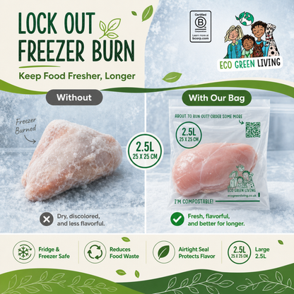 Promotional graphic for Eco Green Living Lock Out Freezer Burn, showing a frozen chicken breast labeled 'Freezer Burnt' on the left and a fresh, unburnt chicken breast inside a 2.5L compostable bag on the right.