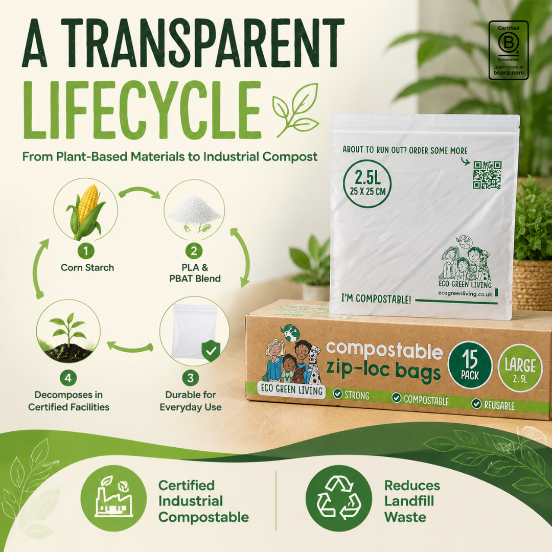 Transparent compostable zip-loc bags shown with their packaging box on a styled tabletop. The image includes marketing text, a lifecycle diagram, and certification icons, with a plant in the background.
