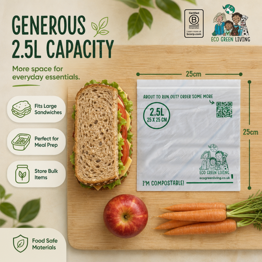 A 2.5L compostable plastic bag shown on a wooden cutting board next to a sandwich, apple, and carrots, with text highlighting its 25cm by 25cm size and Eco Green Living branding.