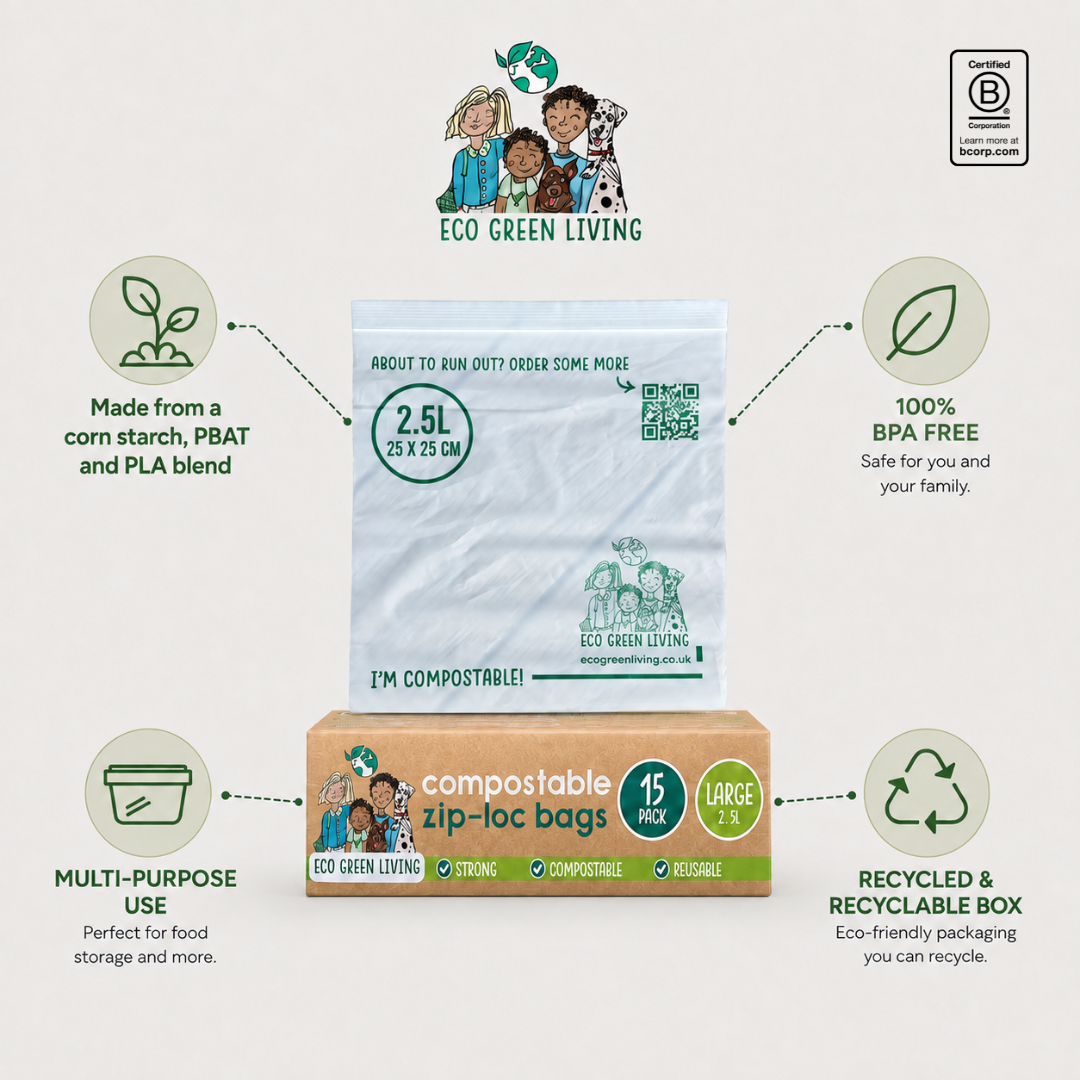 A product infographic for Eco Green Living compostable zip loc bags, showing a white 2.5L bag above a brown cardboard box labeled 'compostable zip loc bags 15 pack'.