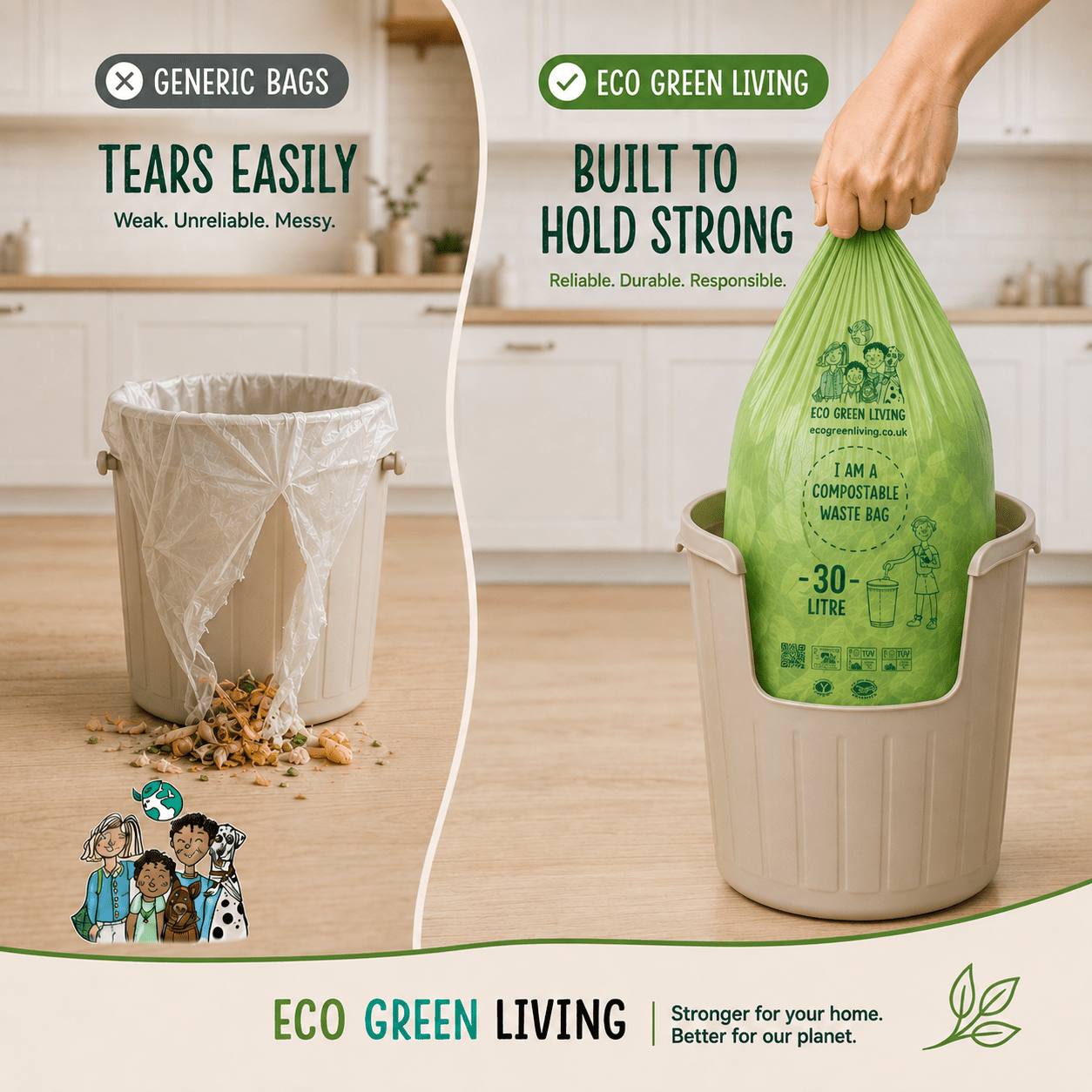 30 Litre Compostable Waste Bags | 6 Rolls of 18 Bags | Eco Green Living - EcoGreenLiving