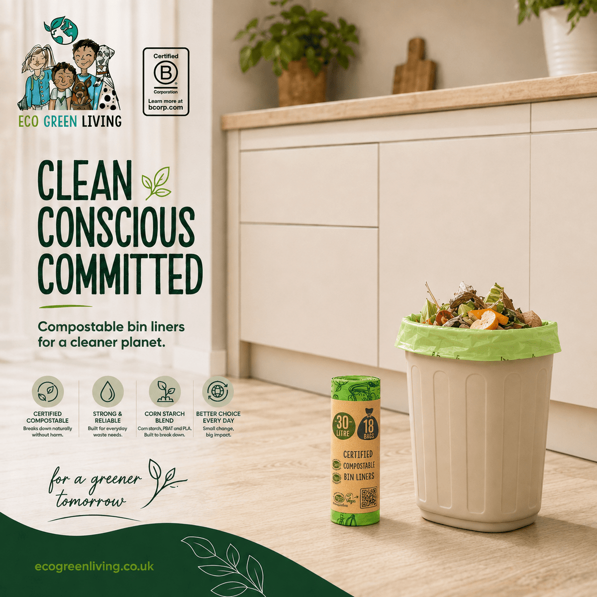 30 Litre Compostable Waste Bags | 6 Rolls of 18 Bags | Eco Green Living - EcoGreenLiving