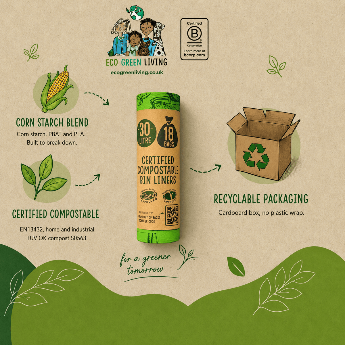 30 Litre Compostable Waste Bags | 6 Rolls of 18 Bags | Eco Green Living - EcoGreenLiving