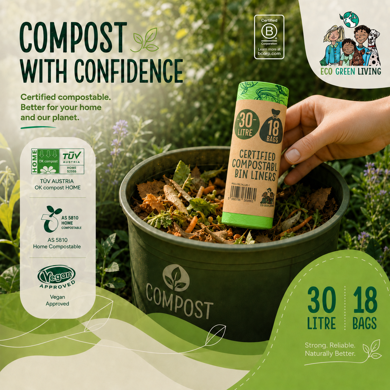 A hand holds a roll of compost bins next to a green compost heap in a garden setting. The image includes promotional text and certification logos for Eco Green Living and TÜV AUSTRIA.
