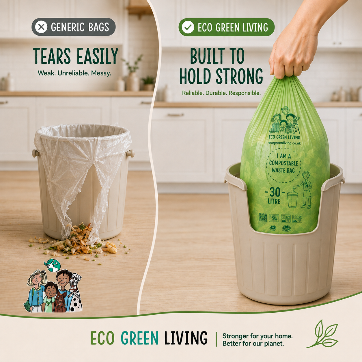 A split comparison graphic showing generic plastic bags and eco green living compostable bags. The left side shows a generic bag tearing easily from a beige trash can, with text reading 'TEARS EASILY'.
